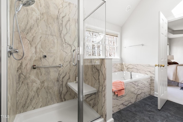 full bathroom featuring a marble finish shower, a garden tub, ensuite bathroom, and vaulted ceiling