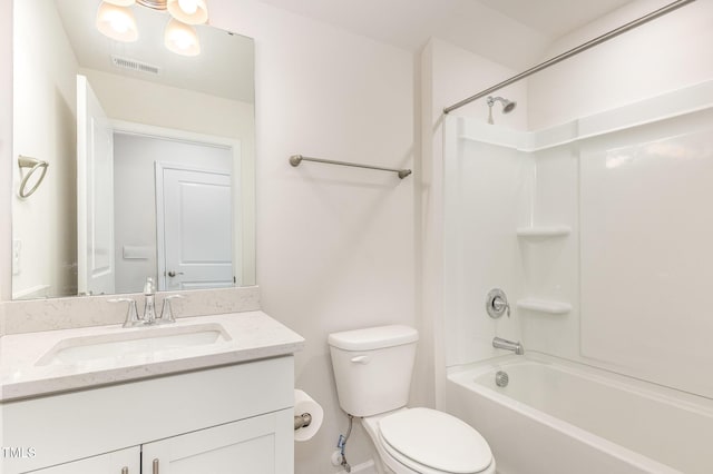 full bathroom featuring tub / shower combination, visible vents, toilet, and vanity