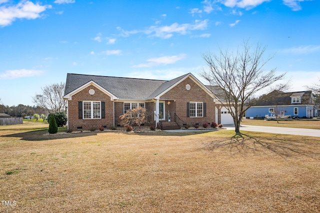 ranch-style home with driveway, a front yard, a shingled roof, crawl space, and brick siding