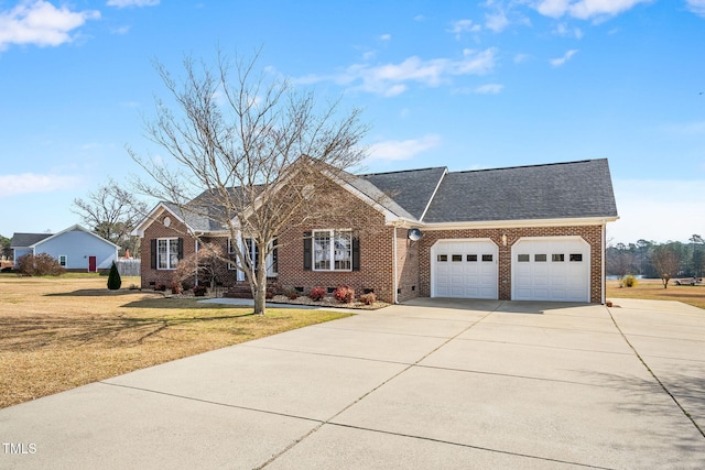 view of front of property featuring crawl space, an attached garage, a front yard, and brick siding