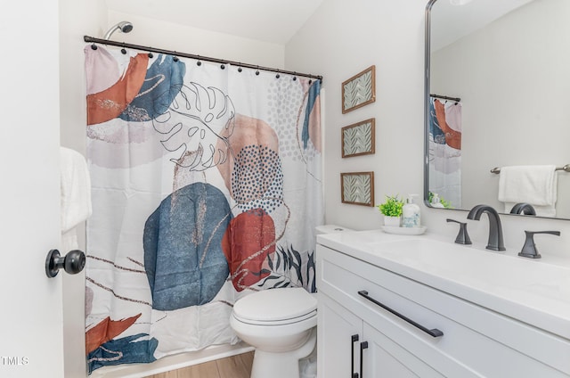 bathroom featuring vanity, a shower with shower curtain, wood finished floors, and toilet