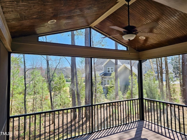 unfurnished sunroom featuring wooden ceiling, plenty of natural light, and lofted ceiling