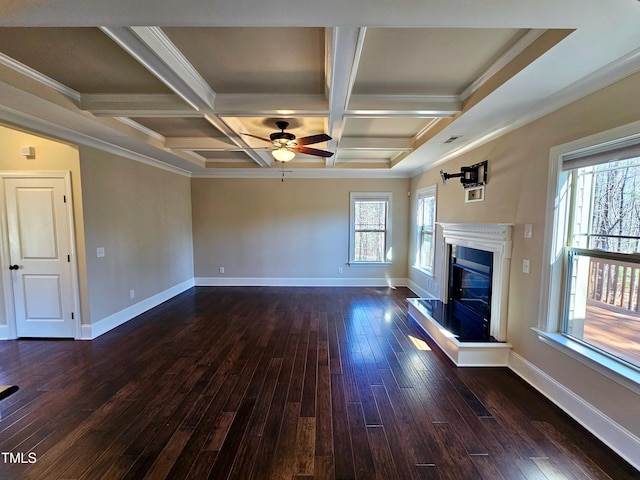 unfurnished living room with a fireplace with raised hearth, baseboards, ornamental molding, dark wood-style floors, and coffered ceiling