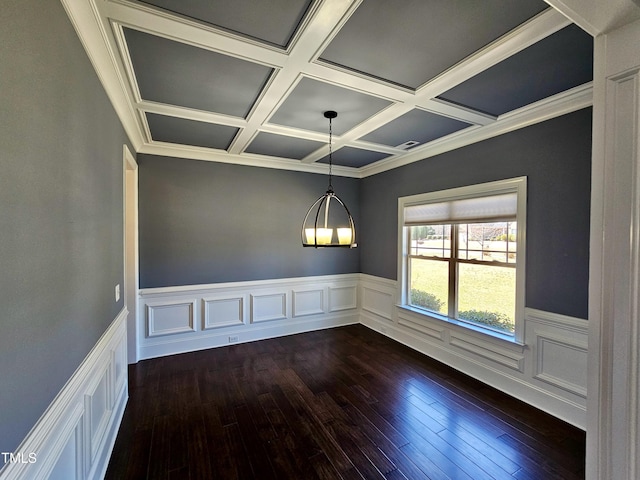 spare room with a wainscoted wall, coffered ceiling, and dark wood-style flooring