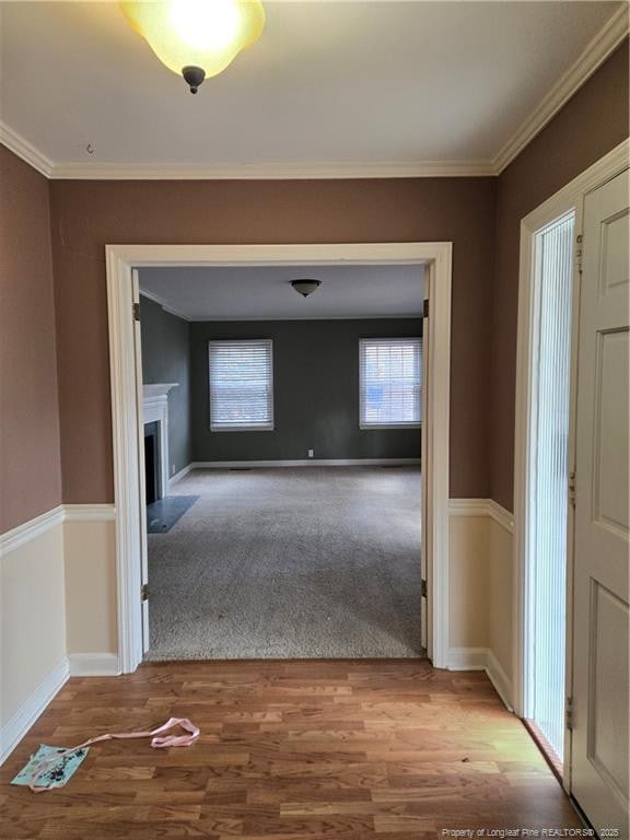 hall featuring crown molding, baseboards, and wood finished floors