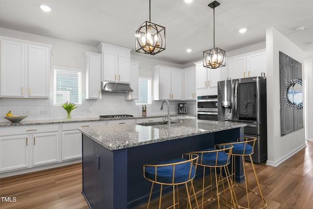 kitchen with dark wood-type flooring, stainless steel appliances, under cabinet range hood, and a sink