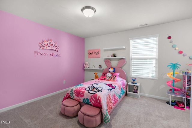 bedroom featuring carpet, visible vents, and baseboards