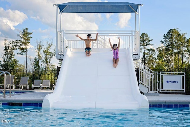 view of swimming pool with a fenced in pool and fence