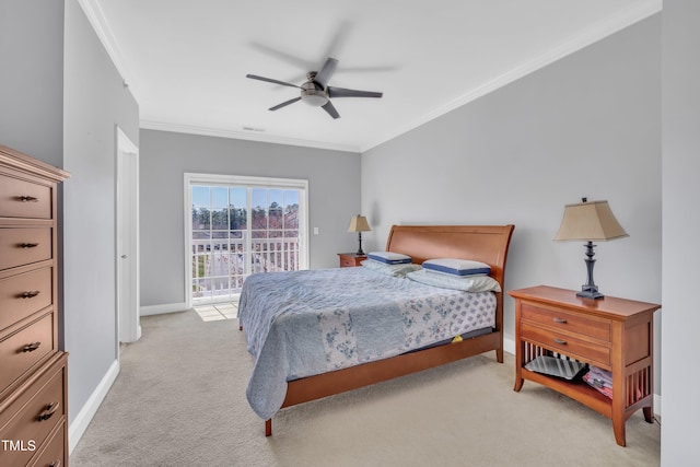 bedroom featuring baseboards, light colored carpet, crown molding, and access to outside