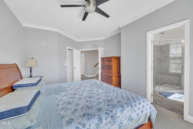 bedroom with baseboards, a ceiling fan, ornamental molding, and carpet flooring