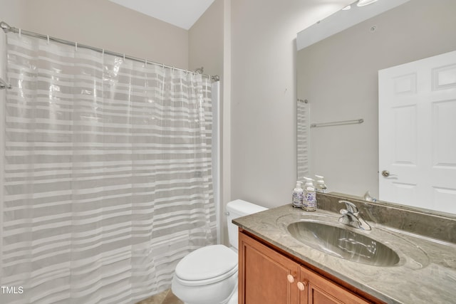 bathroom featuring vanity, toilet, and a shower with curtain