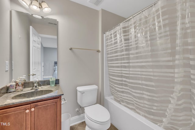 bathroom with tile patterned flooring, visible vents, toilet, shower / tub combo, and vanity