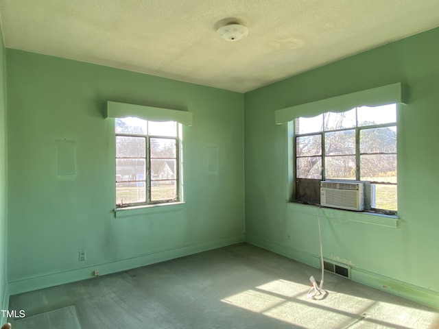 carpeted empty room with a healthy amount of sunlight, a textured ceiling, and baseboards