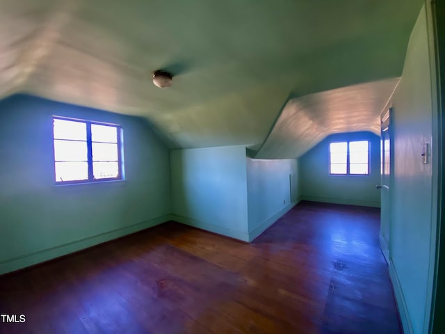 additional living space featuring baseboards, wood finished floors, and vaulted ceiling