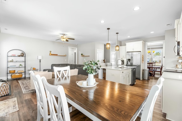 238 Ashpole Trl, Clayton, NC 27520 - dining area featuring ceiling fan, dark wood-style floors, and recessed lighting