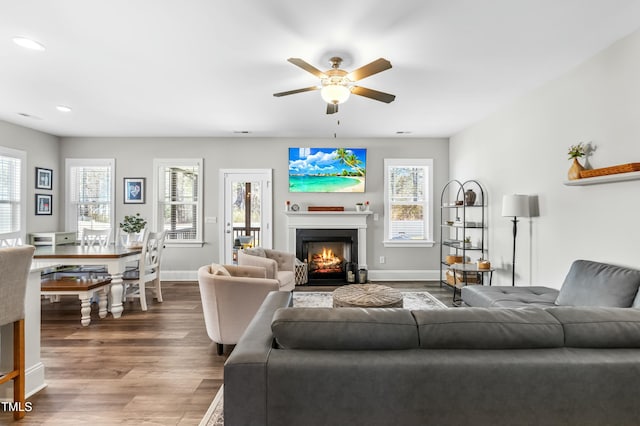 238 Ashpole Trl, Clayton, NC 27520 - living area featuring healthy amount of natural light, ceiling fan, wood finished floors, a warm lit fireplace, and recessed lighting
