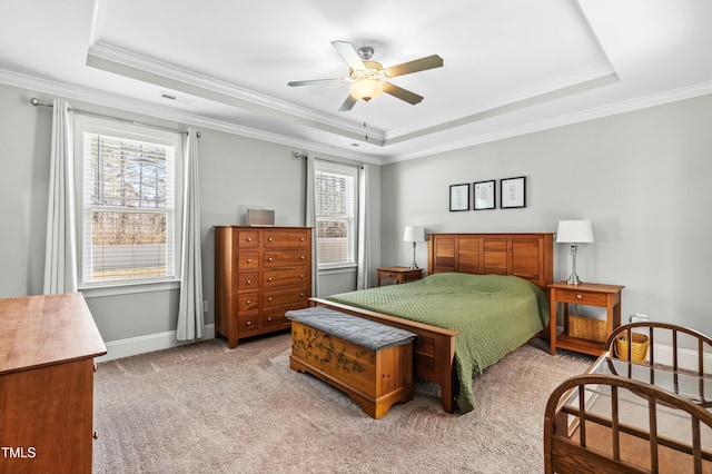 238 Ashpole Trl, Clayton, NC 27520 - bedroom with a raised ceiling, crown molding, light colored carpet, and a ceiling fan