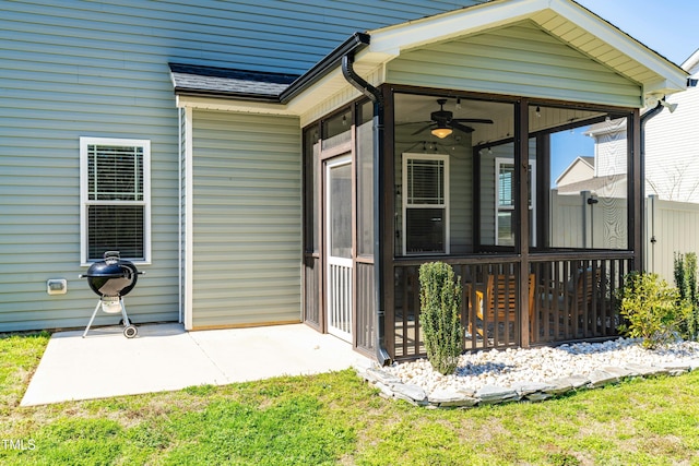 238 Ashpole Trl, Clayton, NC 27520 - view of exterior entry featuring a ceiling fan and a patio