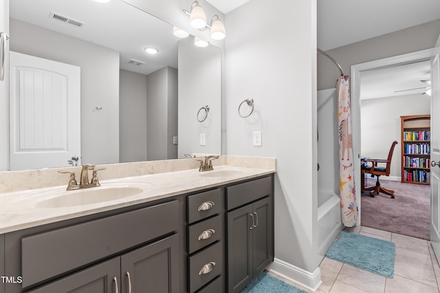 238 Ashpole Trl, Clayton, NC 27520 - full bathroom with double vanity, shower / tub combo with curtain, and tile patterned floors