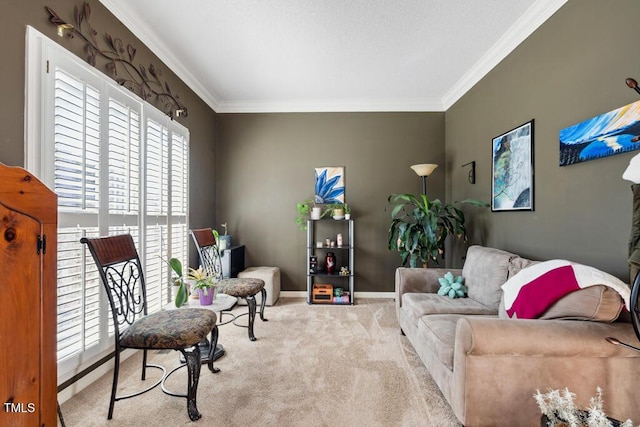 living area with baseboards, ornamental molding, and carpet flooring