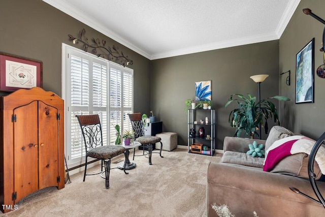 living room featuring baseboards, carpet, and ornamental molding