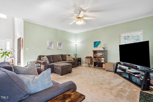 living room featuring ceiling fan, a textured ceiling, carpet, and ornamental molding