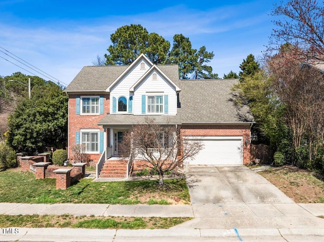 traditional-style home featuring a garage, brick siding, roof with shingles, and concrete driveway