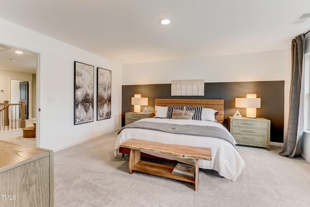 bedroom featuring recessed lighting, carpet, and visible vents