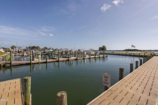 dock area featuring boat lift and a water view