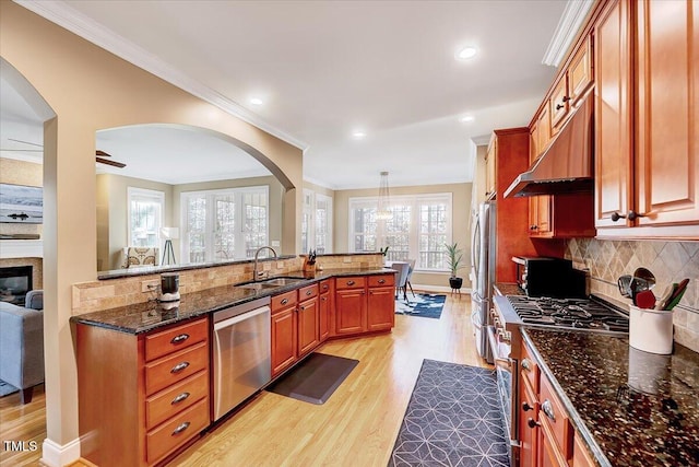 kitchen with ornamental molding, a sink, backsplash, stainless steel appliances, and light wood-style floors