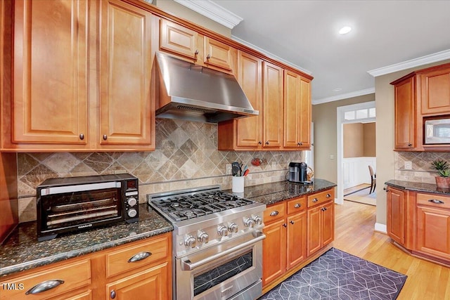 kitchen featuring under cabinet range hood, dark stone counters, appliances with stainless steel finishes, and ornamental molding