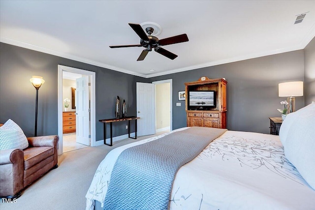 bedroom featuring visible vents, ornamental molding, baseboards, light colored carpet, and ceiling fan