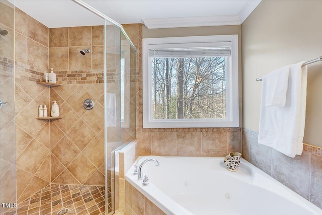 full bath featuring a stall shower, a jetted tub, and crown molding