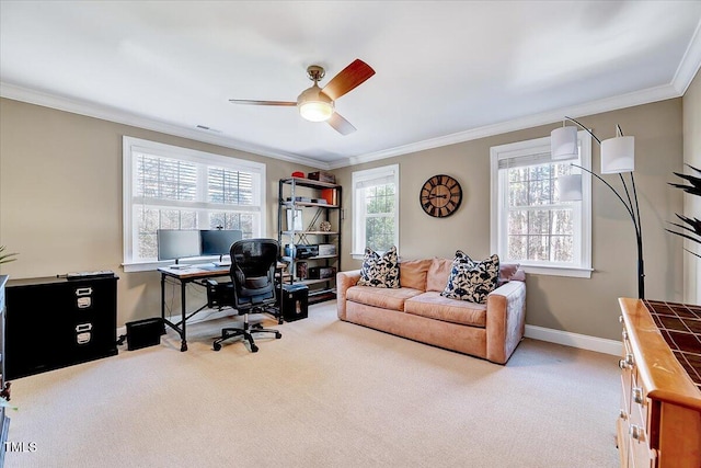 office space with crown molding, plenty of natural light, and carpet floors