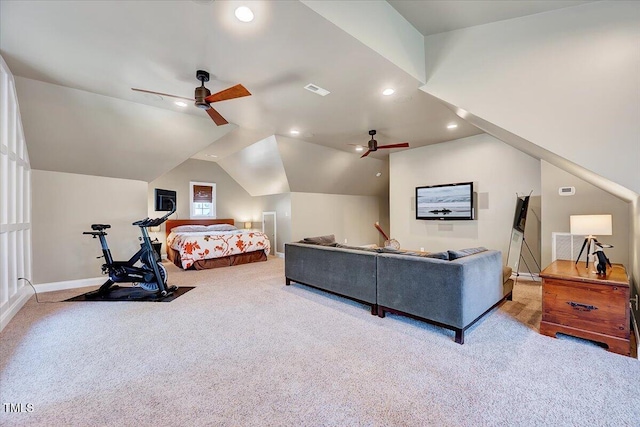 bedroom featuring visible vents, recessed lighting, carpet floors, baseboards, and vaulted ceiling