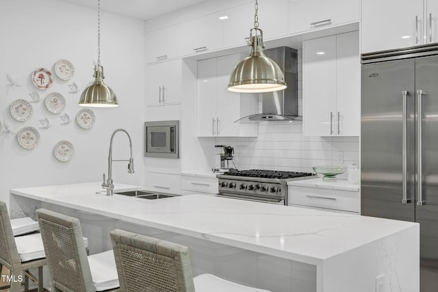 kitchen with a sink, white cabinets, built in appliances, wall chimney exhaust hood, and modern cabinets