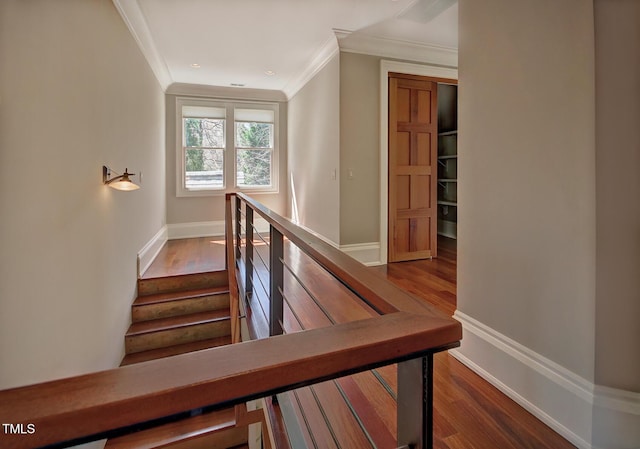 805 Greenwood Rd, Chapel Hill, NC 27514 - stairs featuring baseboards, ornamental molding, and wood finished floors