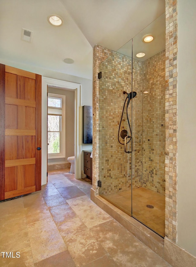 805 Greenwood Rd, Chapel Hill, NC 27514 - bathroom with recessed lighting, toilet, visible vents, and a stall shower