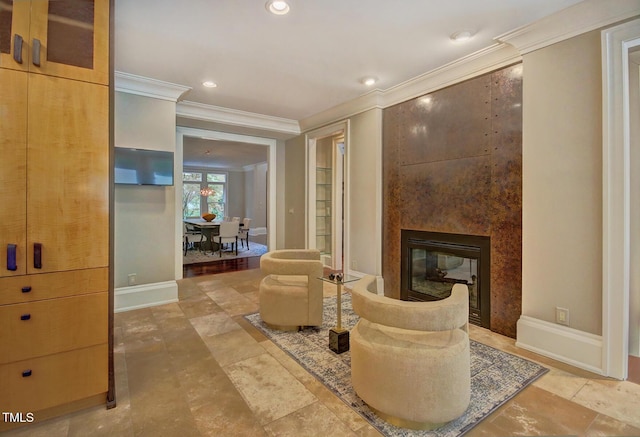 805 Greenwood Rd, Chapel Hill, NC 27514 - living area with crown molding, baseboards, recessed lighting, and a fireplace