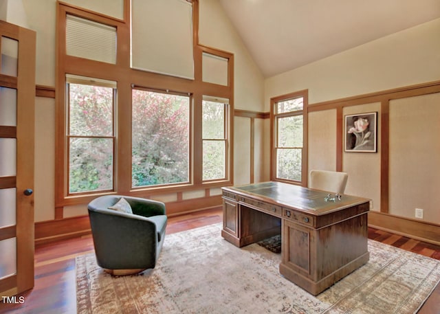 805 Greenwood Rd, Chapel Hill, NC 27514 - office area with wood finished floors, high vaulted ceiling, and a healthy amount of sunlight