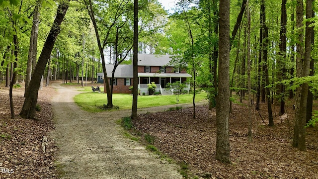 view of community featuring a yard and dirt driveway