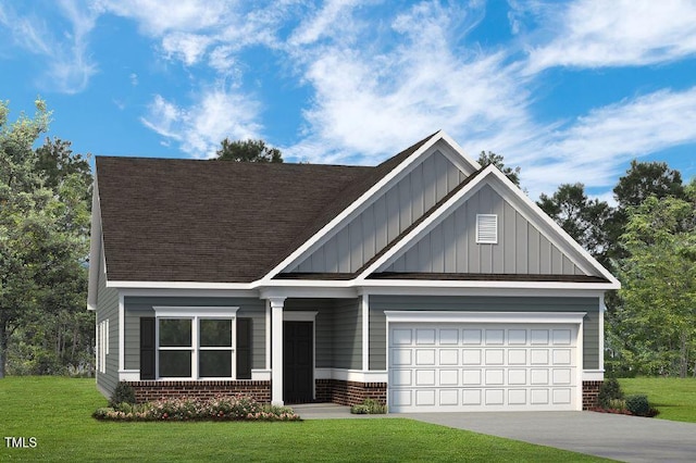 craftsman-style house featuring brick siding, board and batten siding, concrete driveway, a front yard, and a garage