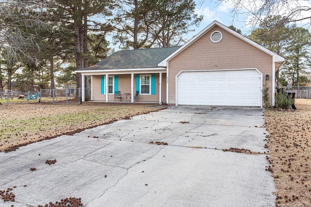 ranch-style house featuring a shingled roof, fence, concrete driveway, covered porch, and an attached garage