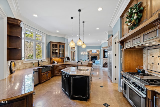 2421 Acanthus Dr, Wake Forest, NC 27587 - kitchen with high quality appliances, a sink, open shelves, tasteful backsplash, and recessed lighting