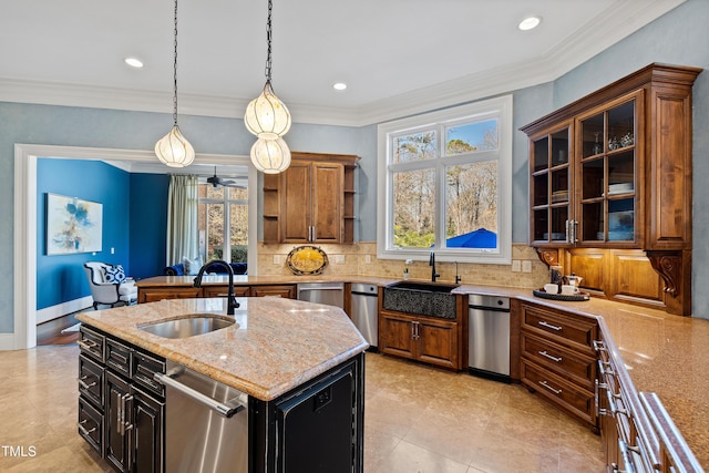 2421 Acanthus Dr, Wake Forest, NC 27587 - kitchen featuring a sink, dishwasher, healthy amount of natural light, ornamental molding, and recessed lighting