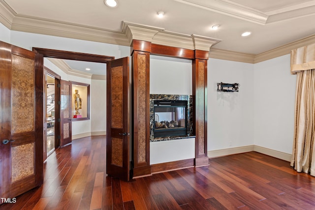 2421 Acanthus Dr, Wake Forest, NC 27587 - corridor featuring dark wood-style flooring, ornamental molding, and baseboards