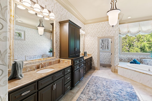2421 Acanthus Dr, Wake Forest, NC 27587 - bathroom with ornamental molding, wallpapered walls, a garden tub, vanity, and tile patterned floors