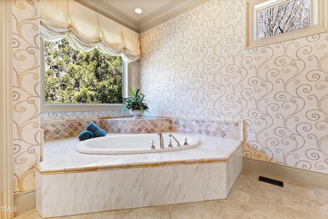 2421 Acanthus Dr, Wake Forest, NC 27587 - bathroom with wallpapered walls, ornamental molding, and a bath