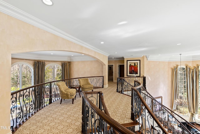 2421 Acanthus Dr, Wake Forest, NC 27587 - hall with carpet flooring, recessed lighting, an upstairs landing, arched walkways, and ornamental molding