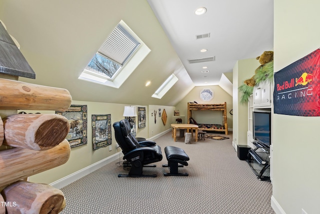 2421 Acanthus Dr, Wake Forest, NC 27587 - exercise room featuring a skylight, baseboards, lofted ceiling, carpet floors, and recessed lighting